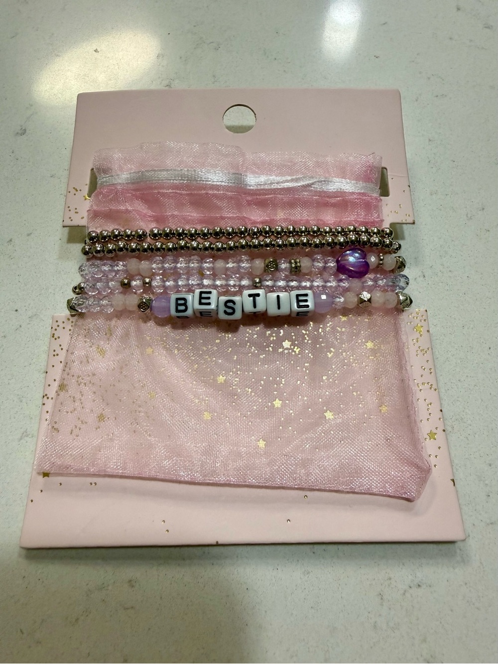 BESTIE Pink & Purple Beaded Bracelet Stack Set – NEW